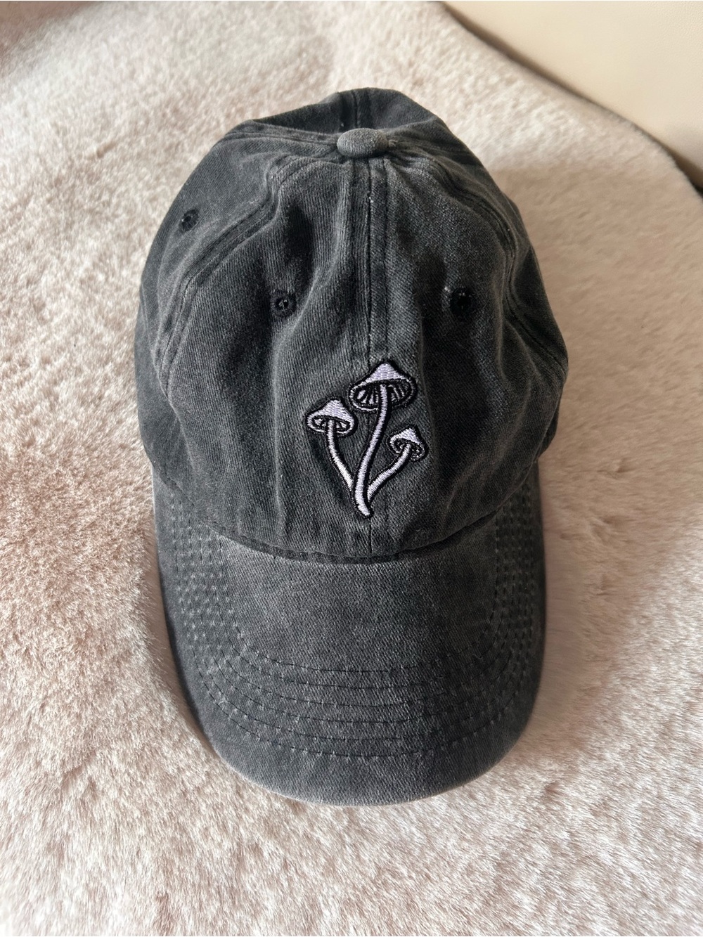 Grey Washed Cotton Baseball Cap with Mushroom Embroidery